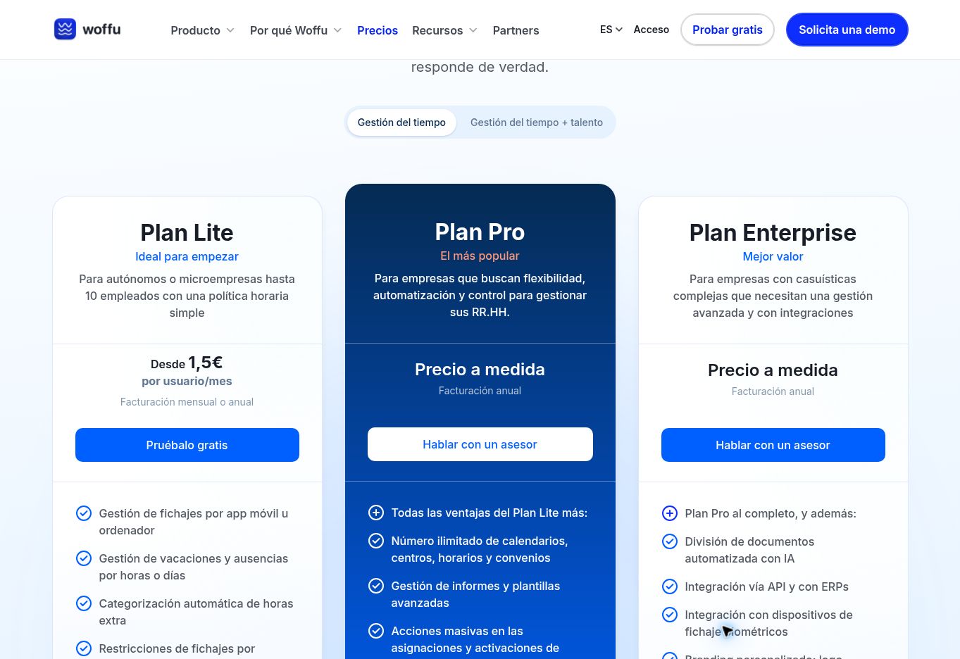Planes y precios de Woffu desde 1,50 € por empleado al mes